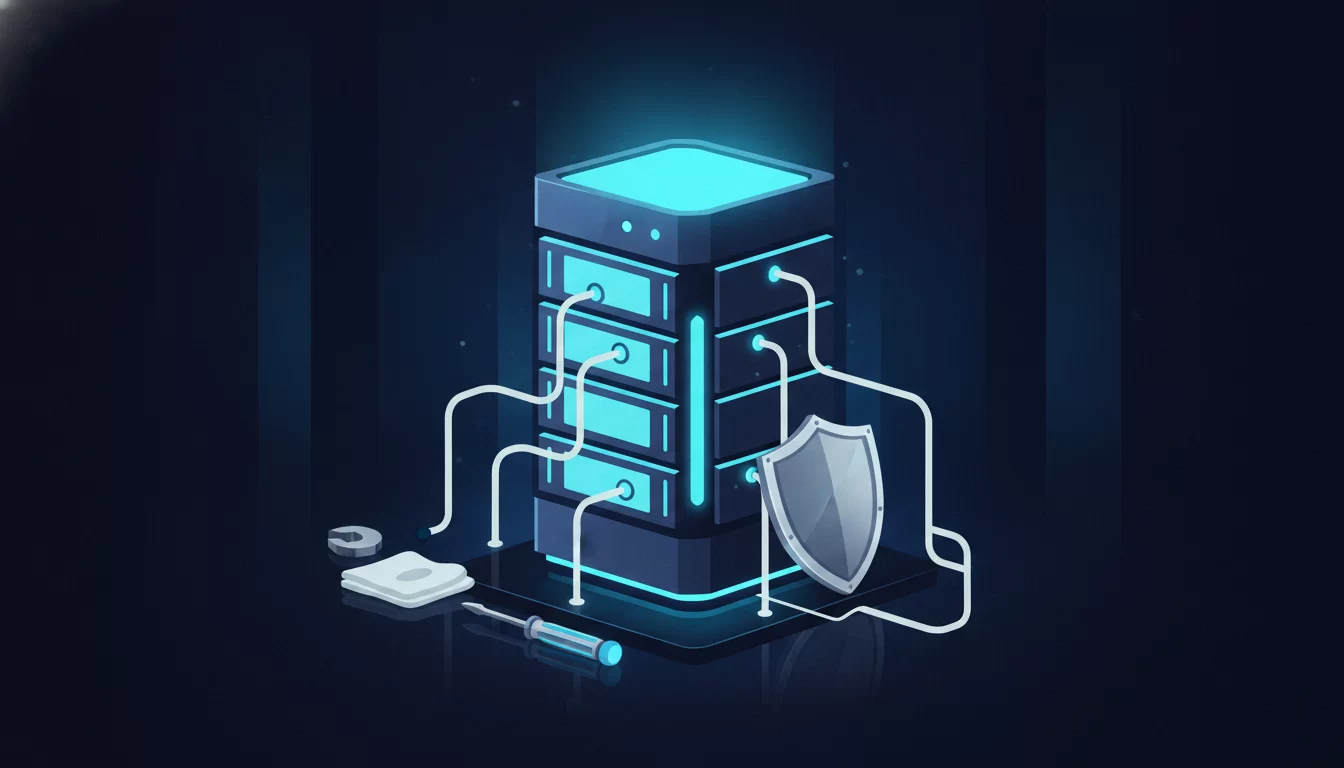 quanto custa a manutenção mensal de um site, Uma torre de servidor moderna e elegante, com ferramentas de manutenção e um escudo protetor, em um ambiente tecnológico iluminado por tons de azul e branco.