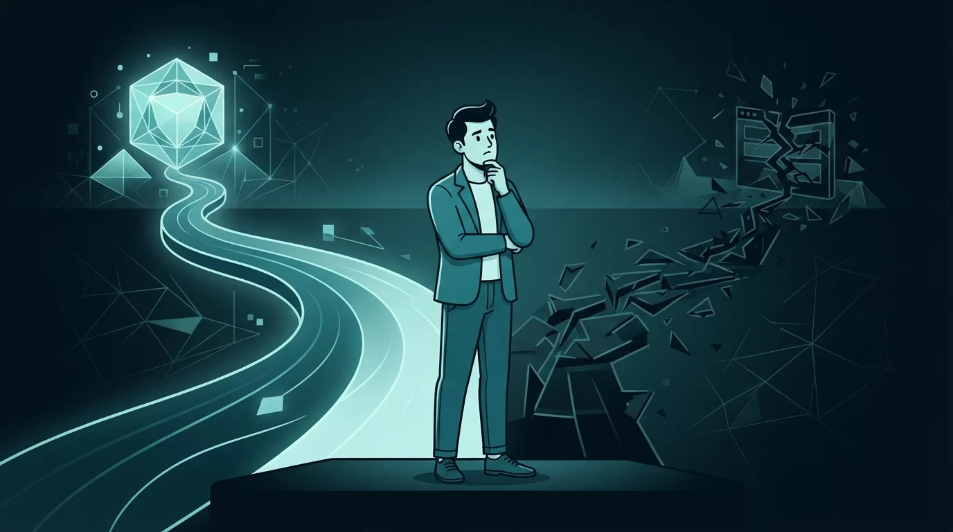 manutenção de site preço, Ilustração editorial de um empresário contemplando dois caminhos digitais: um suave e vibrante representando um site bem-mantido, e outro fragmentado e escuro simbolizando um site negligenciado.