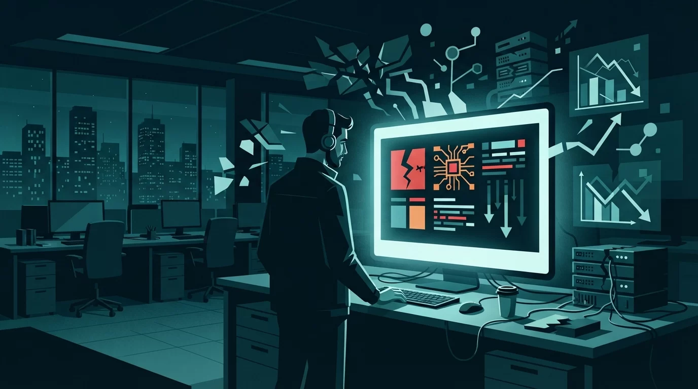 site fora do ar, Um profissional de TI, sob luz baixa, olhando para um monitor grande com uma tela de erro abstrata, simbolizando um site fora do ar e a necessidade de solução rápida.