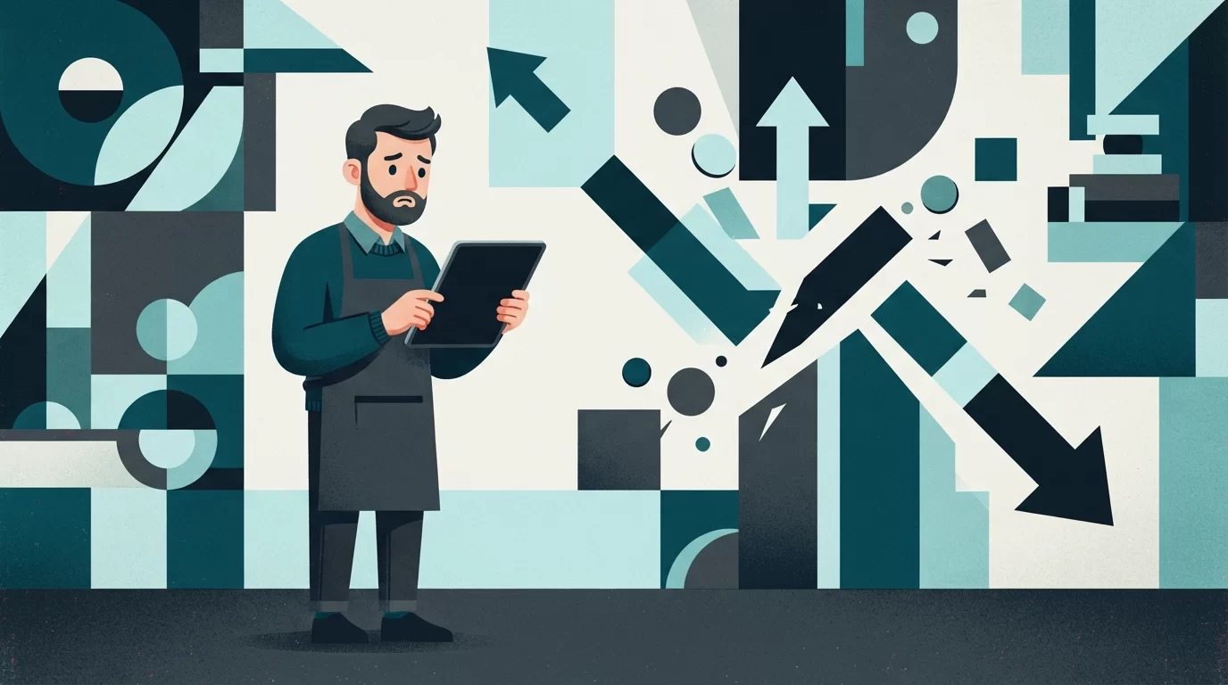 sites fora do ar hoje, Ilustração geométrica de um empresário olhando para um tablet com tela escura, com formas abstratas em tons de azul e verde ao fundo simbolizando vendas perdidas e um site fora do ar.