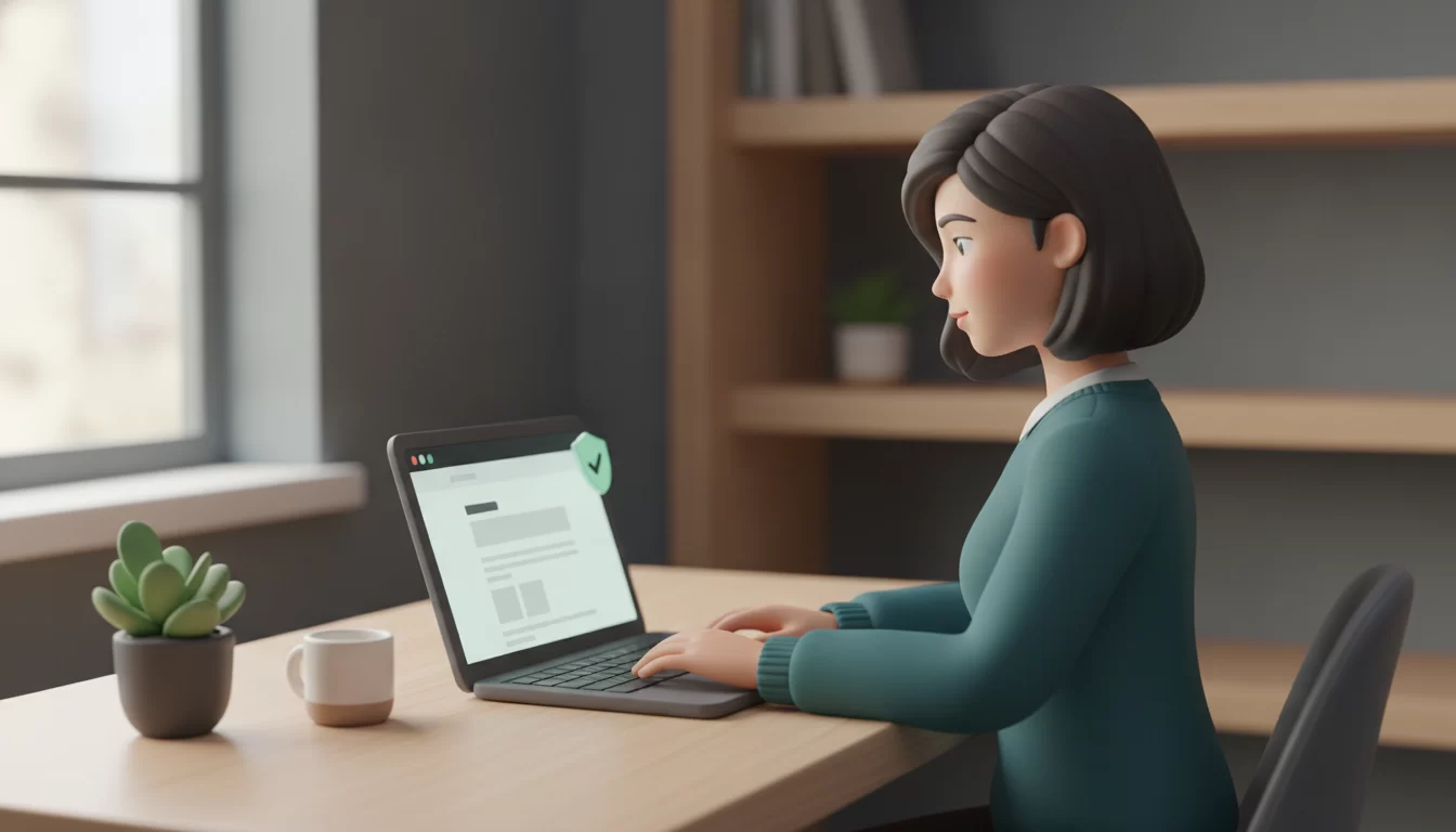 Não deixe seu site cair! Mantenha ele seguro e rápido, Ilustração de uma empreendedora em seu escritório, olhando com atenção para a tela de seu notebook que exibe um ícone de escudo e segurança, simbolizando um site protegido e funcionando bem.