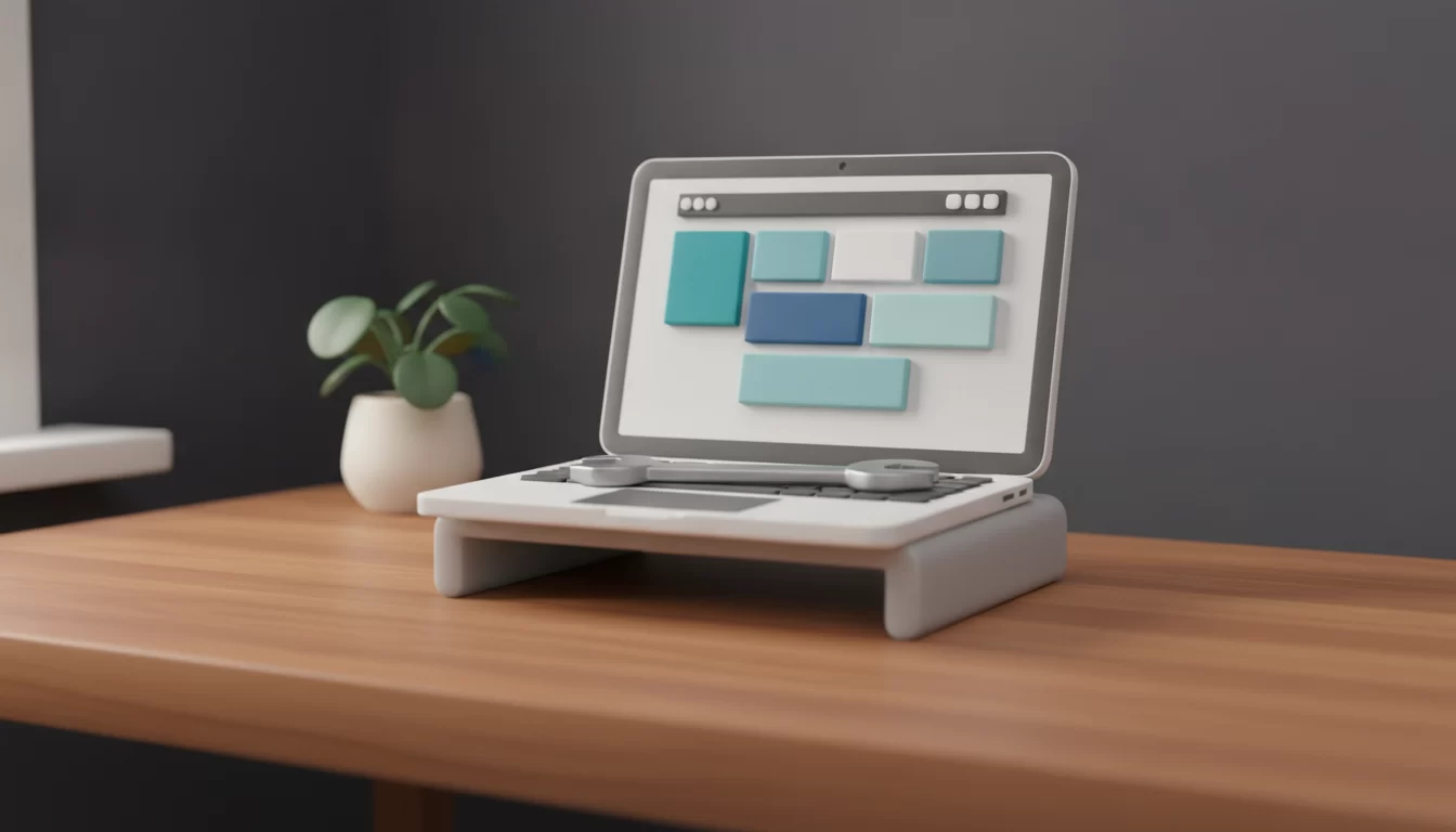 Saiba quanto custa a manutenção ideal para seu site, Uma chave inglesa prateada repousa sobre o teclado de um laptop aberto, que exibe um layout de site simples em blocos. A cena se passa em uma mesa de madeira iluminada por luz suave de janela, com um fundo desfocado.