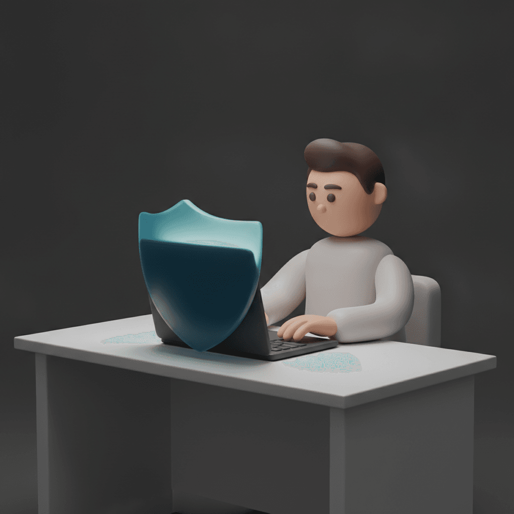 Um desenvolvedor focado trabalhando em um laptop, com um escudo protetor azul-esverdeado envolvendo a tela, simbolizando a manutenção e segurança do site.