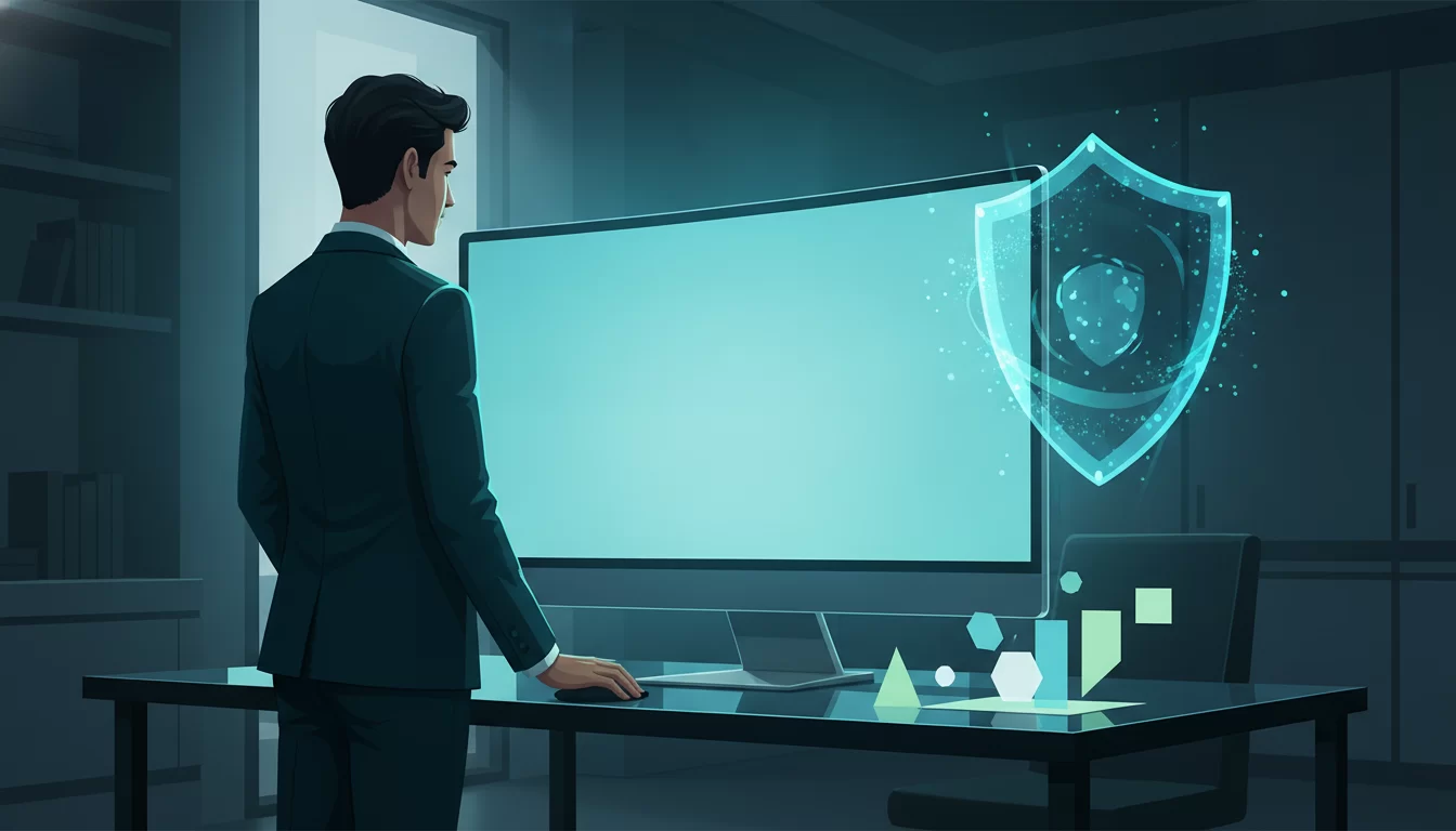 manutenção de site preço, Uma pessoa profissional observa uma tela brilhante com um escudo digital ao lado, e formas luminosas que representam custos e decisões em uma mesa.