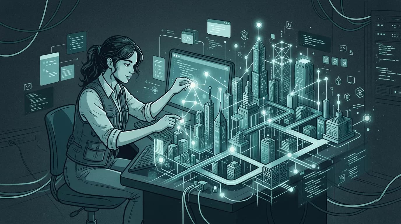 manutenção de um site, Ilustração editorial de um desenvolvedor web cuidando de uma rede digital complexa e brilhante, simbolizando a manutenção de um site.