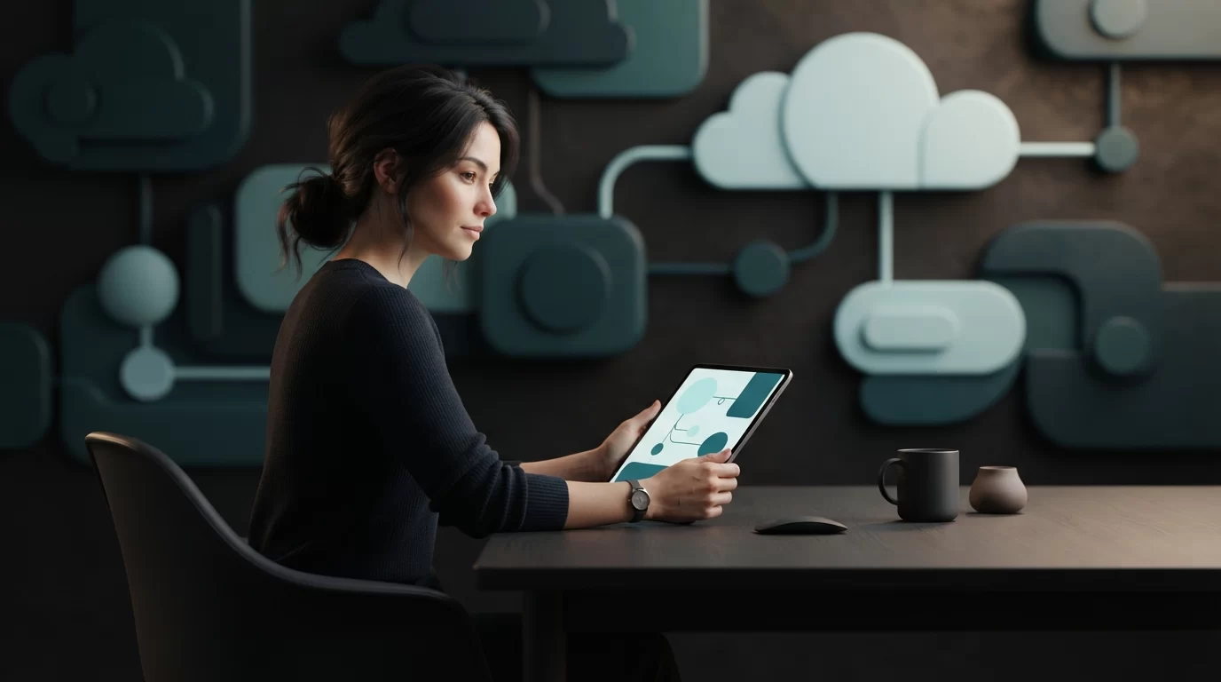 site esta fora do ar, Uma ilustração 3D editorial de um empresário calmo usando um tablet para verificar o status de um site, com formas abstratas de nuvem e rede em tons de azul e verde-água no fundo, em um ambiente escuro e elegante.
