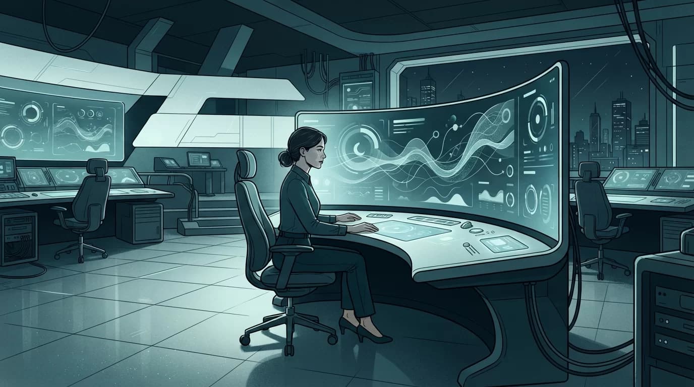 site manutencao, Ilustração editorial de linha de uma pessoa em uma sala de controle futurista, monitorando a saúde de um site em uma tela digital com tons de azul e verde-água em um ambiente escuro, simbolizando manutenção preventiva.