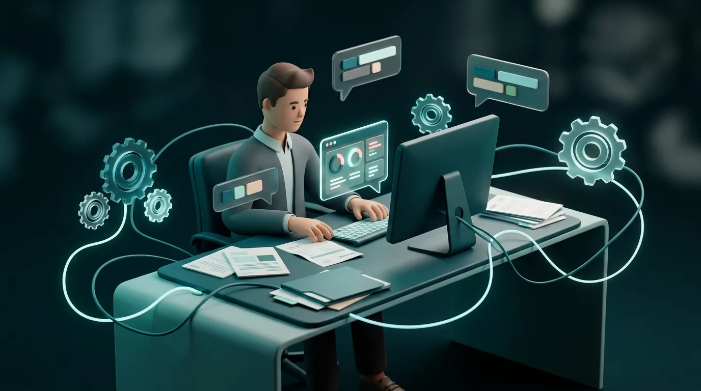 automação de processos, Ilustração 3D em modo escuro de um funcionário trabalhando em um escritório, cercado por fluxos digitais e engrenagens reluzentes em tons de azul e ciano que conectam documentos a um painel central.