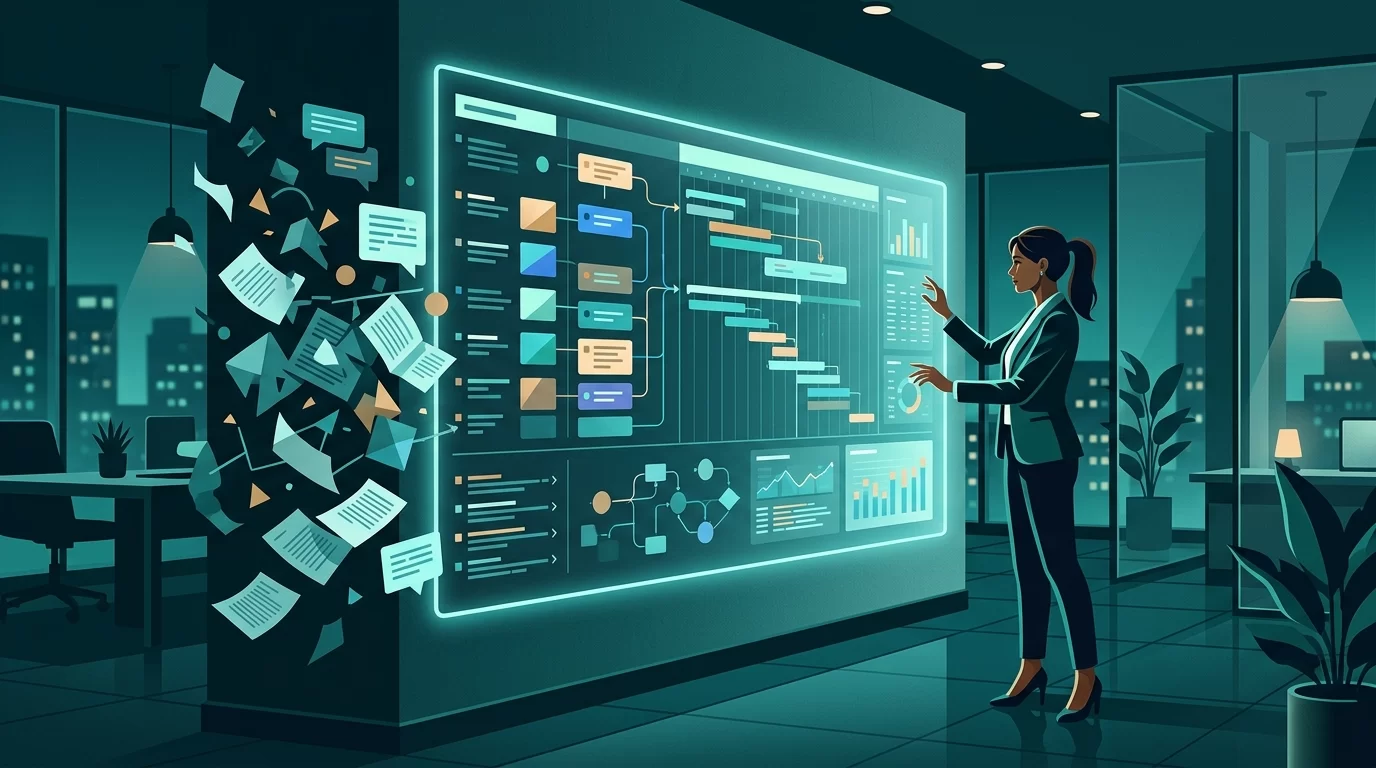 organizar processos empresa, Ilustração vetorial em modo escuro mostrando um profissional interagindo com um painel digital organizado de tarefas em tons de verde-azulado e ciano pálido.
