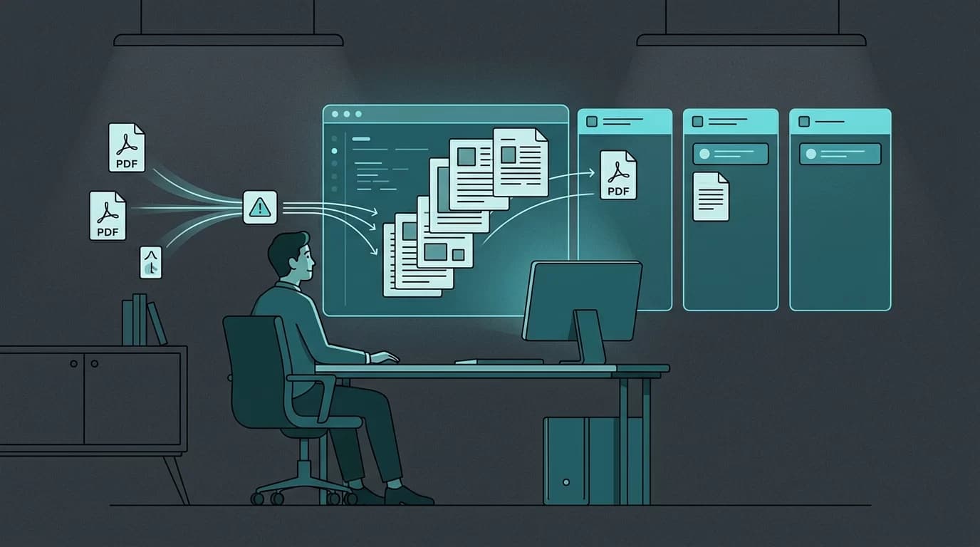 como automatizar tarefas com ia, Ilustração em estilo linha editorial mostrando um profissional em um ambiente escuro controlando um painel digital organizado onde tarefas e documentos são automatizados com tons de teal e ciano.